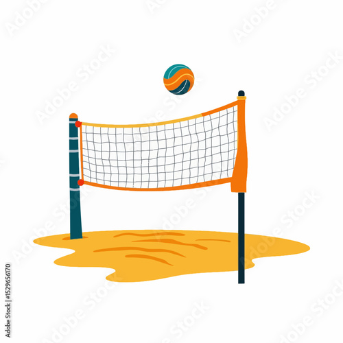 Beach volleyball net with a ball above sandy court  
