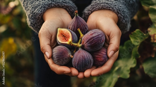 Hands gently holding a bouquet of figs, autumnal feeling, natural textures and tones. generative ai