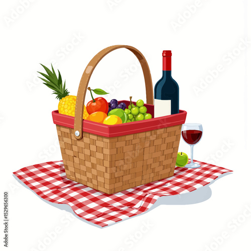 Picnic basket with assorted fruits and wine on checkered tablecloth  