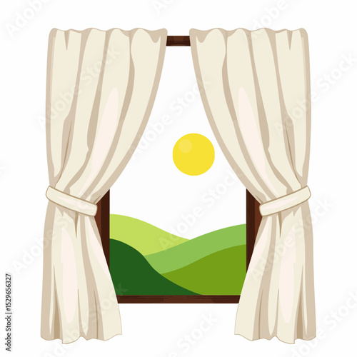 Illustration of a window with curtains revealing a sunny landscape  