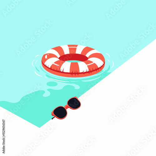 Life preserver floating in pool with sunglasses on the side  