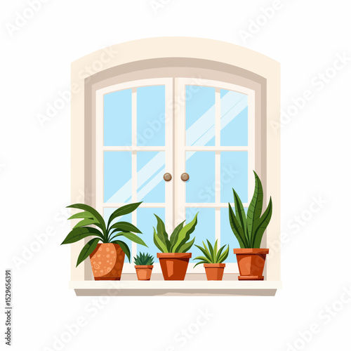 Window with potted plants in various sizes and shapes  