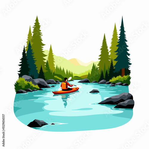 Kayaker paddling in a river surrounded by pine trees and mountains  