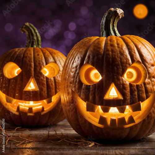 Halloween happy pumpkins with candles and festive bokeh background