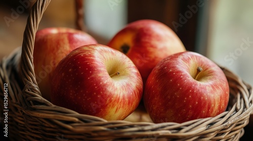 Juicy apples in a wicker basket, warm natural light, rustic style. generative ai