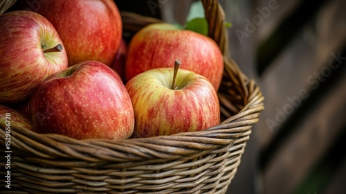 Juicy apples in a wicker basket, warm natural light, rustic style. generative ai