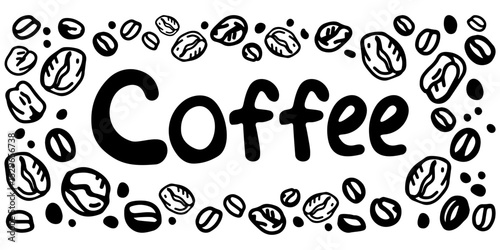 
Black and white vector banner with coffee beans and inscription on white isolated background
