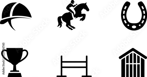 Equestrian show jumping horse riding helmet horseshoe trophy stable vector icons set competition sport editable stock vector illustration