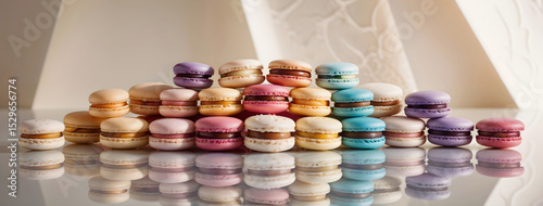 Colorful tasty assorted macarons reflected on glossy surface with creamy background