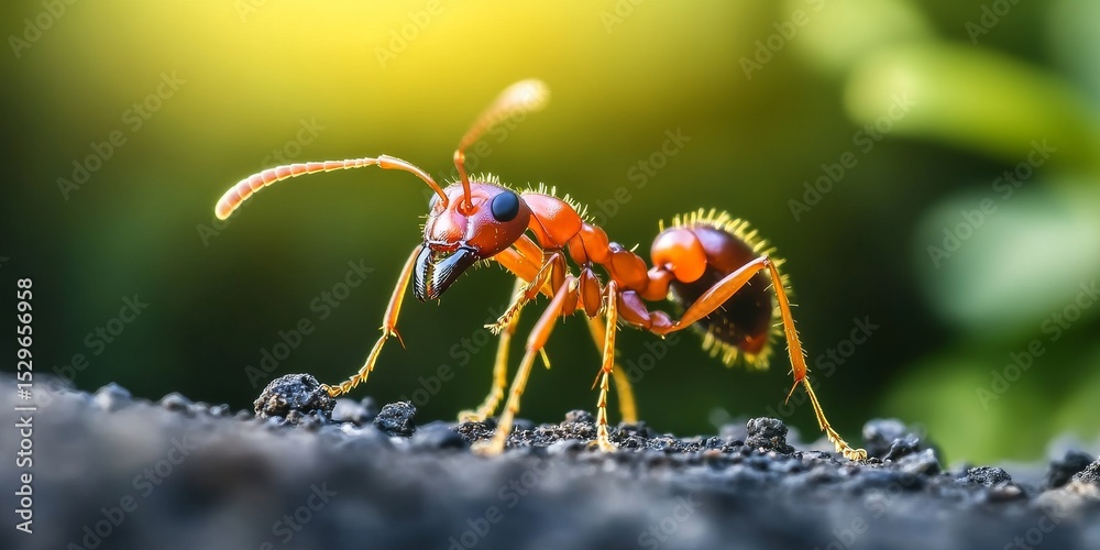 Naklejka premium Macro Shot of an Ant on Rough Terrain, Showcasing Intricate Anatomy and Unique Features.