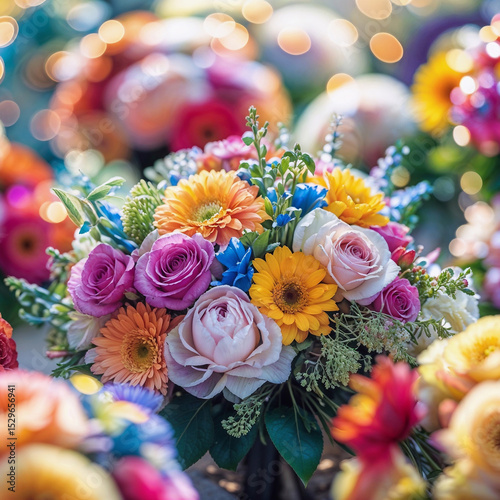 Colorful flower bouquet arrangement with soft bokeh background outdoors