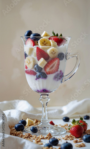 Fresh yogurt parfait with berries and banana in elegant glass on white background.
