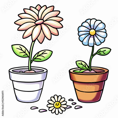 Cute Cartoon Flowers in Pots, Blooming Plants, Garden Illustration