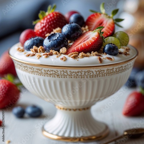 Elegant bowl of yogurt with granola and fresh berries on rustic wooden table