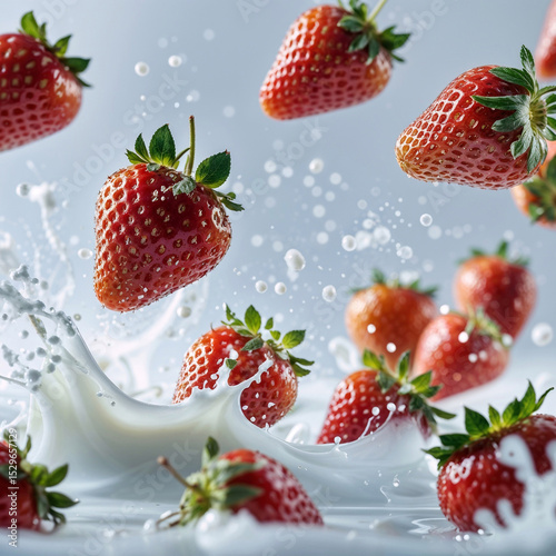 Fresh sweet strawberries splashing in milk