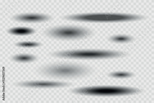 Different realistic round shadow, soft shapes on transparent background. Gray circular and ellipse shadows set. Vector illustration.