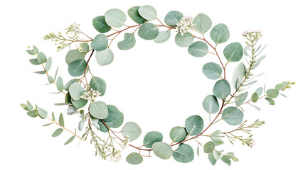 Round eucalyptus wreath made of silver dollar and seeded eucalyptus leaves, in hand-drawn watercolor style, isolated on transparent background, soft greens and muted tones.