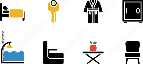 Hotel room amenities icons set vector illustration bed key safe chair table bathrobe lamp design editable stock vector illustration