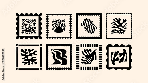 Vacation print templates, vector naive tropical motifs, mosaic illustrations with floral borders and summer-inspired hand drawn frame design