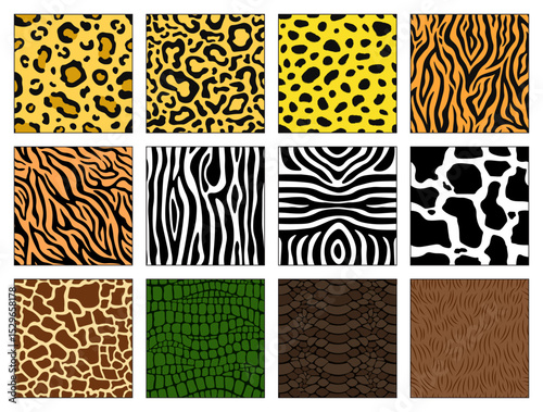 Collection of 12 colorful seamless animal patterns: zebra, tiger, leopard, jaguar, cheetah, crocodile, snake, bear, cow, giraffe.