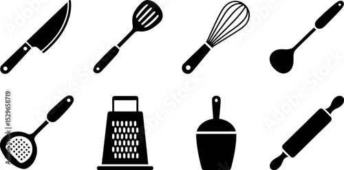 Kitchen utensils vector set cooking tools silhouette knife spatula whisk ladle grater scoop roller 100 editable stock vector illustration