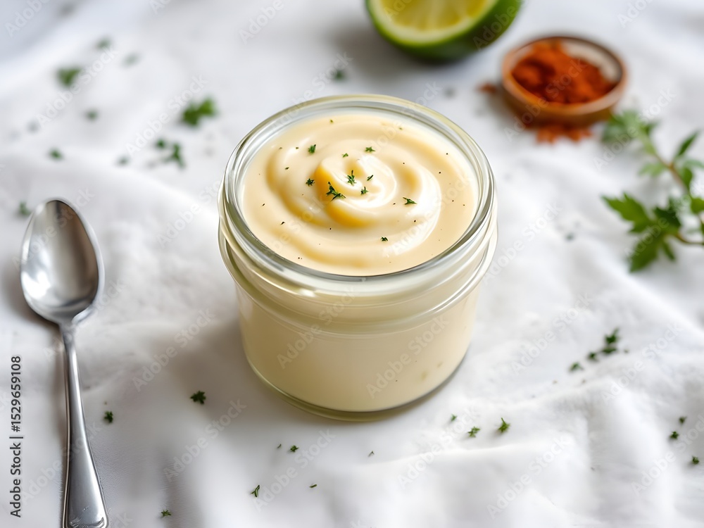 Béchamel sauce in a jar on a table Béchamel sauce in a jar on a table