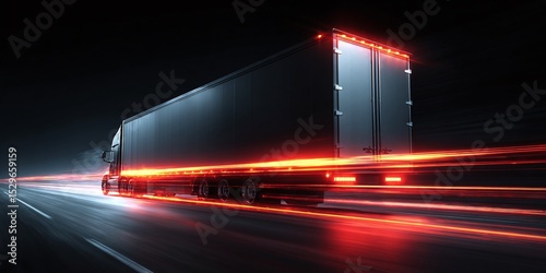 Speeding freight transport: A modern truck at full speed creates bright light streaks across the dark highway at night, symbolizing dynamism and efficiency.