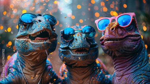Fototapeta Naklejka Na Ścianę i Meble -  Three stylized dinosaurs wearing sunglasses pose together with a dreamy, sparkly background, capturing a playful and imaginative atmosphere in a vibrant setting.
