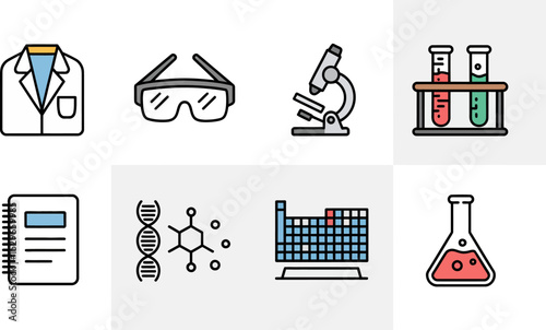 Science lab equipment icons vector illustration of microscope beaker dna and periodic table elements editable stock vector illustration