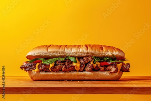 Sandwich with meat, mustard and vegetables on wooden board