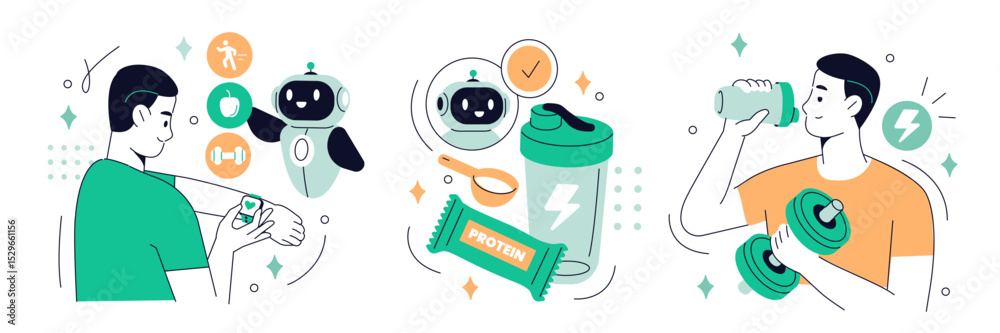 AI coach in fitness. Robot personal trainer. Character use artificial intelligence technology tools to create gym training, cardio workout, protein diet. Vector illustration.