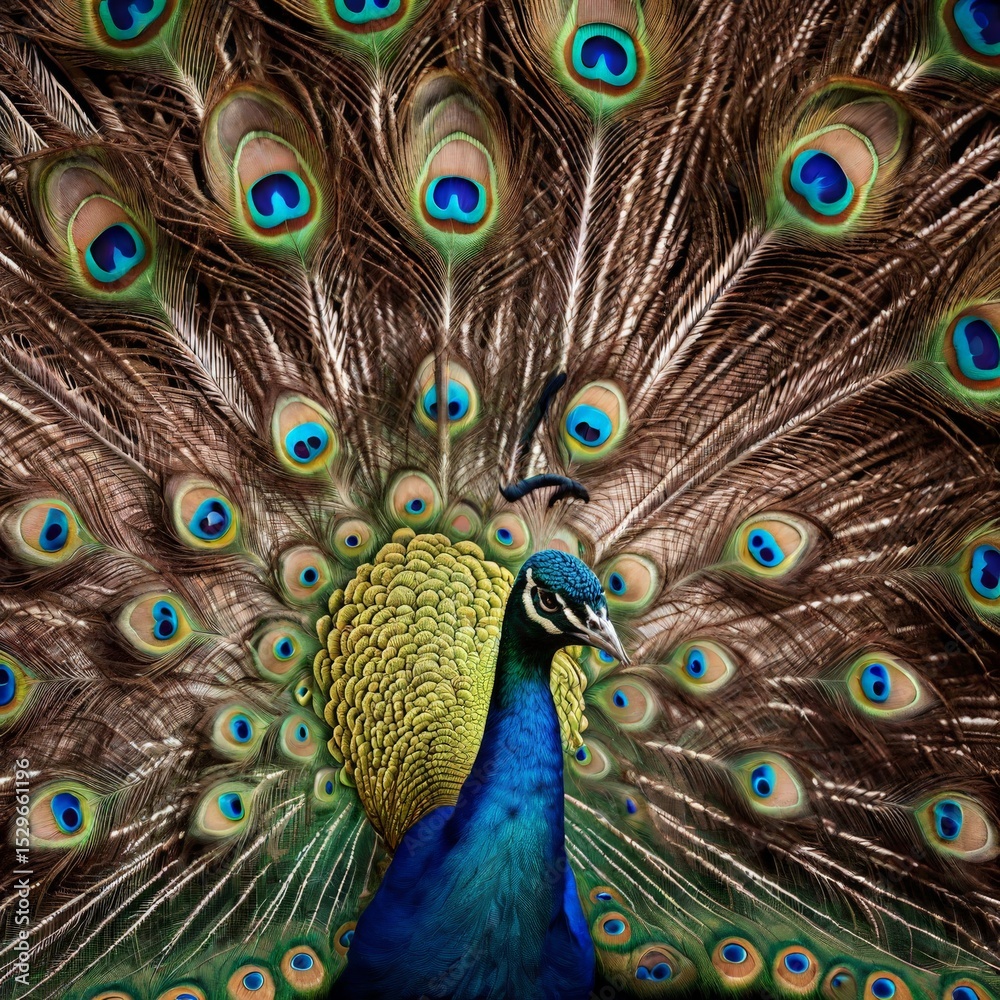 Obraz premium Majestic Peacock Displaying Its Full Plumage, Showcasing Intricate Patterns and Vibrant Colors.
