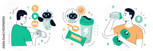 AI coach in fitness. Robot personal trainer. Character use artificial intelligence technology tools to create gym training, cardio workout, protein diet. Vector illustration.