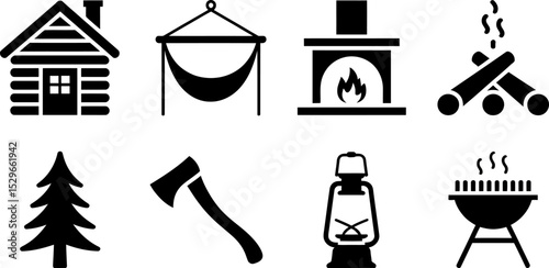 Camping and outdoor adventure icons set cabin hammock campfire axe grill lantern tree fireplace 100 editable stock vector illustration