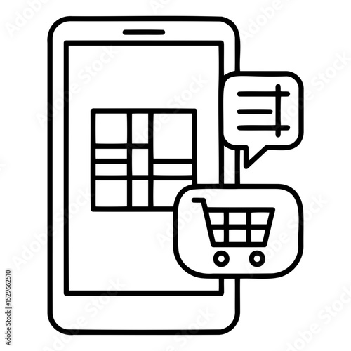 Ordering through mobile app with shopping cart icon and chat bubble in outline style