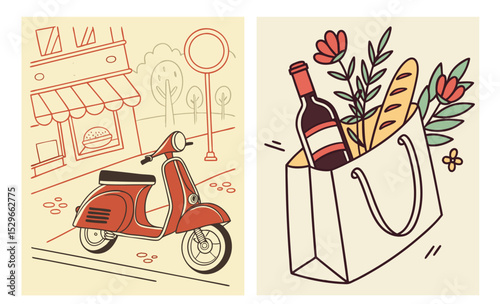 Naive drawing set of two vector images for Italian lifestyle decor: vintage scooter and shopping bag with wine and bread