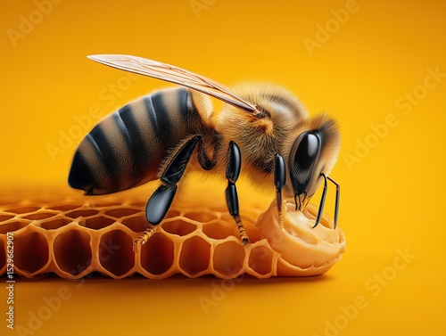 Close-up of a bee working on honeycombs, isolated on yellow background, studio photo, macro.