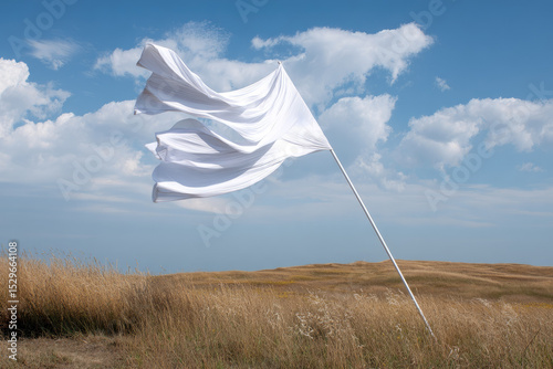 White fabric flowing in wind on pole in dry grass field under partly cloudy blue sky, evoking sense of calm and openness in nature