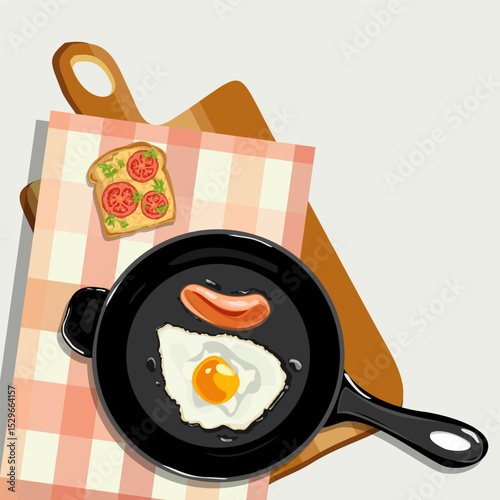 Fried eggs with sausage ia a fryer pan on the cutting board and tablcloth with toast with tomatoes and greens. Healthy breakfast concept