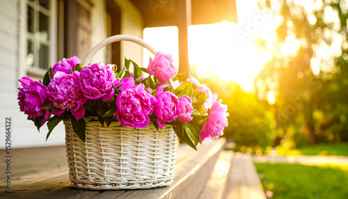 Fresh Cut Peonies in a White Wicker Basket on a Sunny Porch