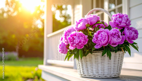 Fresh Cut Peonies in a White Wicker Basket on a Sunny Porch