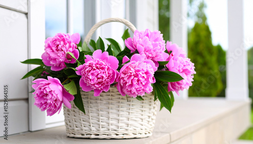 Fresh Cut Peonies in a White Wicker Basket on a Sunny Porch