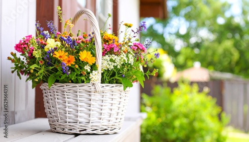 Wildflowers in a Wicker Basket on the Porch – Rustic Country Decor and Natural Beauty