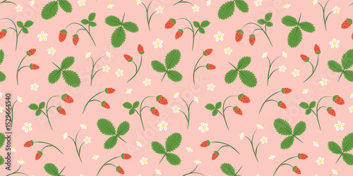 Cute pink seamless pattern with wild strawberries, leaves and flowers. Natural summer background with garden or forest berries. Perfect for kids clothes, giftware, womenswear, wrapping paper, etc.
