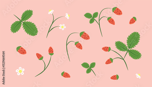 Set of hand drawn colorful wild strawberries, leaves and flowers isolated on pink background. Cute garden or forest strawberries.