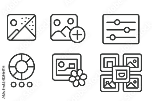 Photo Filter Icons. Line style icons of photo filters: noise reduction icon, clarity boost icon, tone mapping tool, color grading