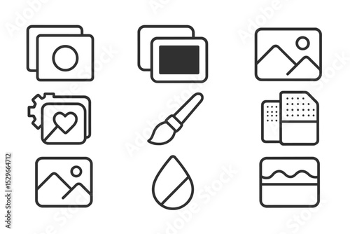 Photo Filter Icons. Line style icons of photo filters: soft light blend, darken blend mode, photo mask icon, preset favorites icon