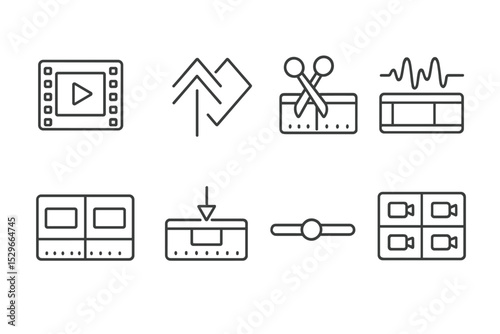Video Editing Icons. Line style icons of video editing: video archive icon, sync markers, ripple delete, audio waveform edit,
