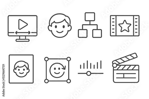 Animation Icon Set. Line style icons of animation: transition preview, character expression icon, rigging hierarchy icon, animated