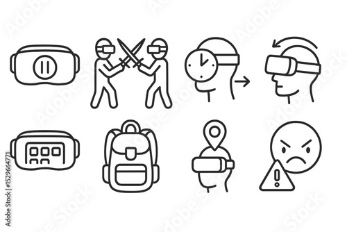 VR Game Icons. Line style icons of VR games: game pause in VR, VR battle arena, real-time reaction icon, head tilt gesture,